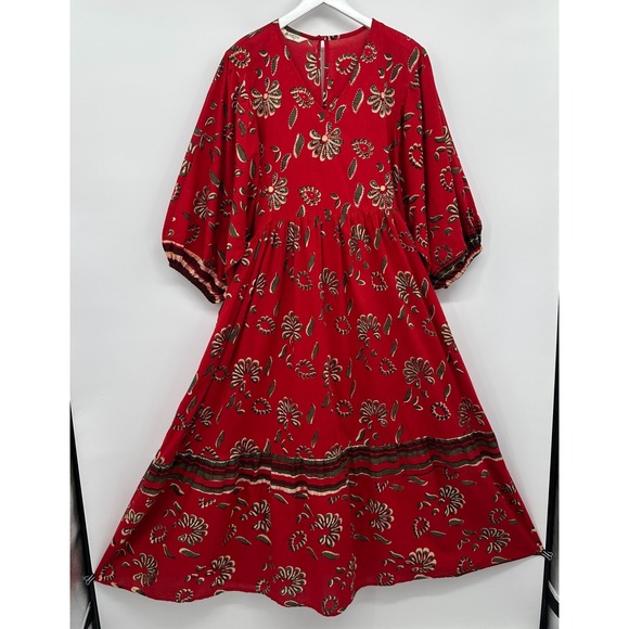 Marketplace India Maxi Dress Size 2W Red Floral Embroidered Cottagecore Prairie